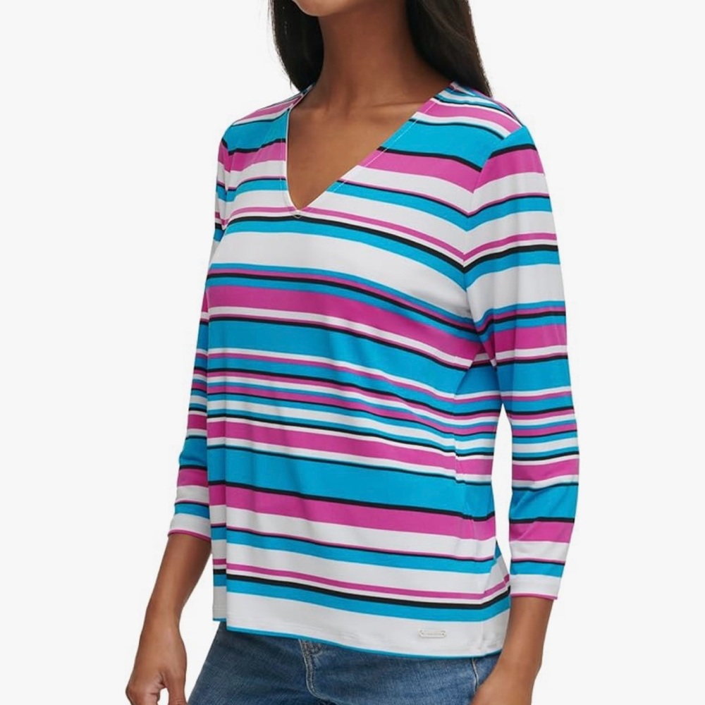 Calvin Klein Striped V-Neck Long Sleeve Top XL Blue, Pink, White